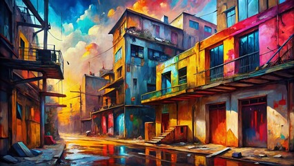 Fototapeta premium Vibrant Abstract Urban Exploration: Expressive Brushstrokes & Captivating Color