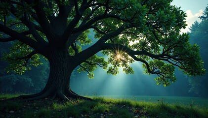 Fototapeta premium Majestic tree branches spread wide in the darkness, trees, foliage, nature landscape