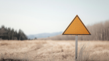 Weathered yellow triangular warning sign on rural roadside, surrounded by dry grass, soft overcast background with subtle mountains in distance