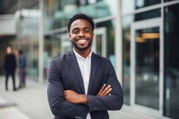 Naklejka premium Smiling portrait of a young African American businessman in modern office