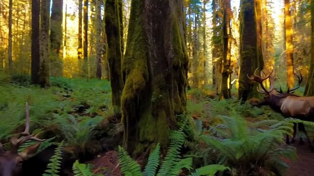 Elk Roam Through Lush Forest Trails in Olympic National Park During Golden Hour