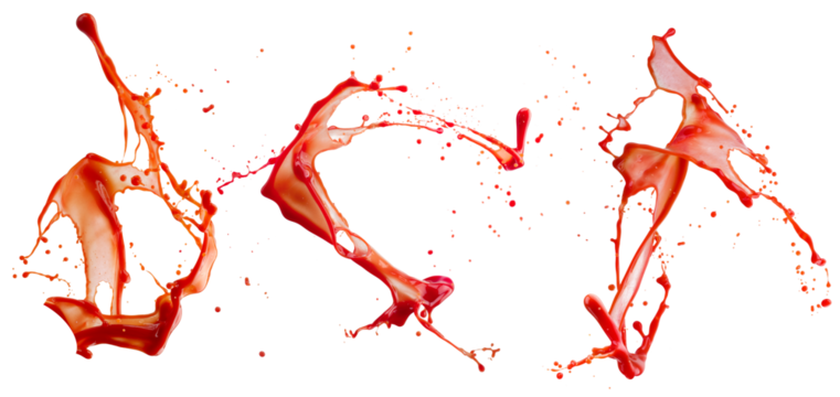set of red liquid splashes isolated on white background. 3d render