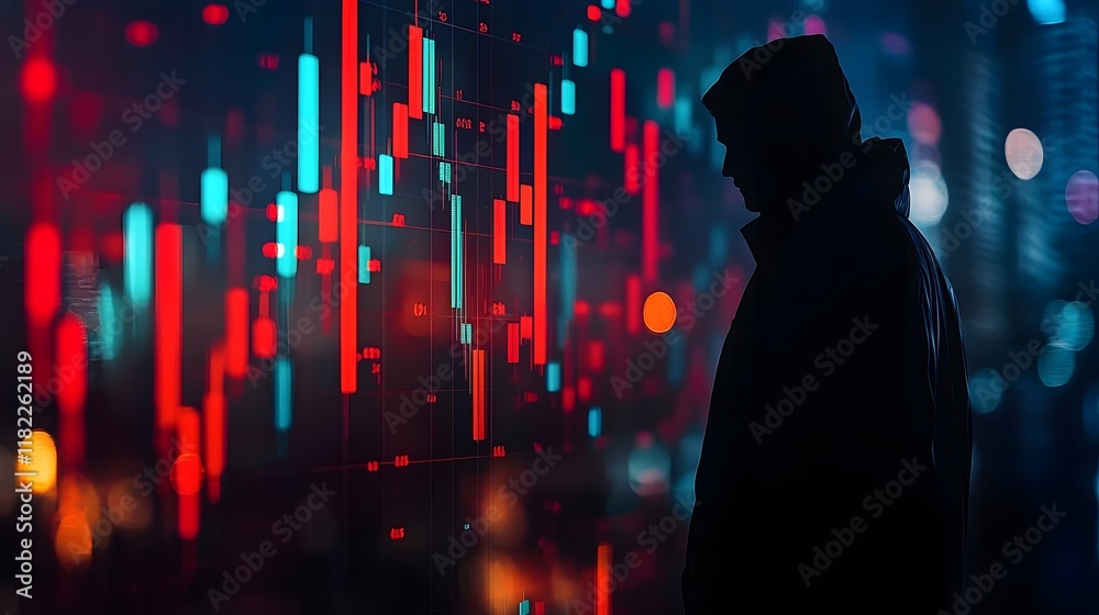 Poster silhouette of a hacker accessing sensitive financial data charts and analytics visualizations in a d