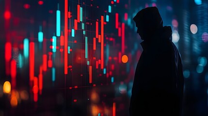 Silhouette of a hacker accessing sensitive financial data charts and analytics visualizations in a dark digital environment  Concept of cybersecurity threats data breaches