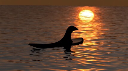 A silhouette of an animal on a surfboard against a sunset over calm waters.