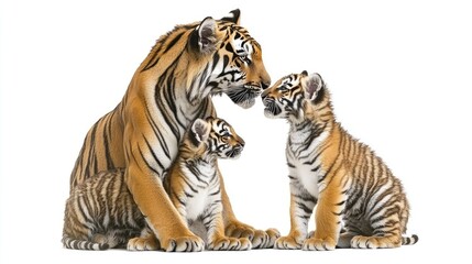 Obraz premium A mother tiger and her two cubs interact, showcasing familial bonds in the wild.