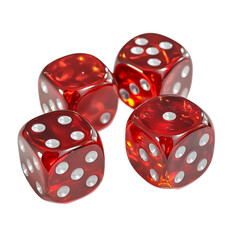 Red Dice Game, Four Translucent Cubes with White Dots on a Black Background