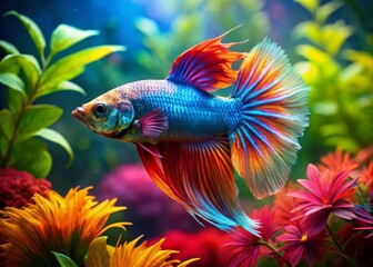 Fototapeta premium Vibrant Betta Fish in Lush Underwater Paradise: Stunning Tropical Aquarium Landscape