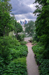 Lush greenery and a big city, modern Moscow city buildings in the background
