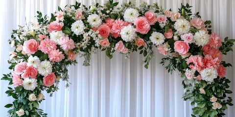 Fototapeta premium A delicate floral hoop with pastel flowers on a vintage wall, creating a romantic and whimsical backdrop, ideal for weddings and maternity photography.