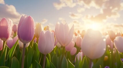 Pastel Tulips Bloom in Sunset Meadow