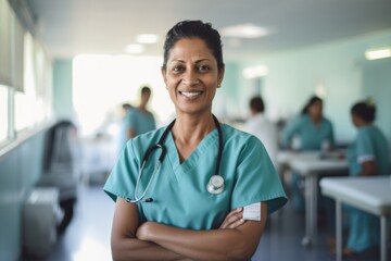 Fototapeta premium Portrait of a smiling middle aged Indian nurse in hospital
