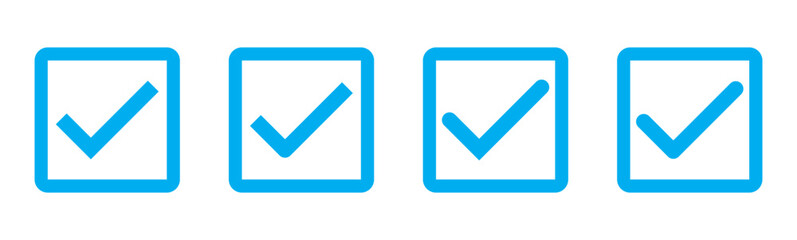 check box icon with correct, accept checkmark icons green tick box, check list circle frame - checkbox symbol sign. check mark box square frame. Blue tick mark icon vector set. blue checkmark icon set