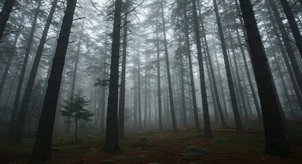 Naklejka premium Misty Forest Path, A winding path through a dense forest, shrouded in a veil of mist, inviting exploration and discovery.