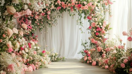 A delicate floral hoop with pastel flowers on a vintage wall, creating a romantic and whimsical backdrop, ideal for weddings and maternity photography.