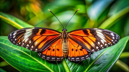 Vibrant Butterfly on Lush Green Leaf: Orange, Black, White Wings