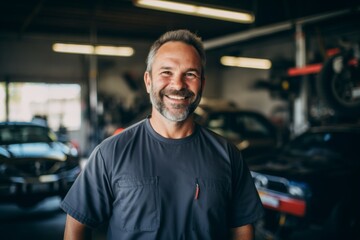 Obraz premium Smiling portrait of a middle aged Caucasian car mechanic in workshop