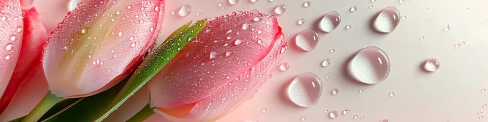 Beautiful, delicate background with pink tulips in water drops. Place for text. International Women's Day, 8 of March, spring.