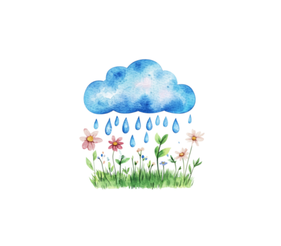 Watercolor illustration of cute blue rain clouds with flowers and green grass on white background.