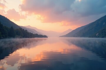 Fototapeta premium Silvery mist rises from calm bay waters at sunset, mist, serene, light