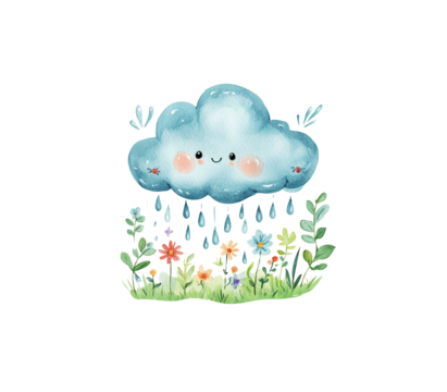 Watercolor illustration of cute blue rain clouds with flowers and green grass on white background. - Powered by Adobe