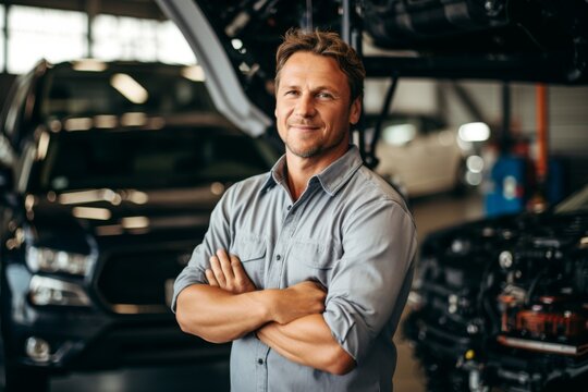 Smiling portrait of a middle aged Caucasian car mechanic in workshop