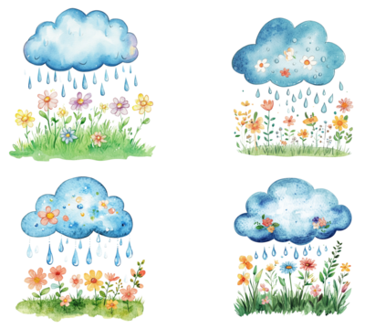Watercolor illustration of cute blue rain clouds with flowers and green grass on white background.