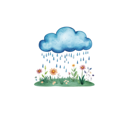 Watercolor illustration of cute blue rain clouds with flowers and green grass on white background.