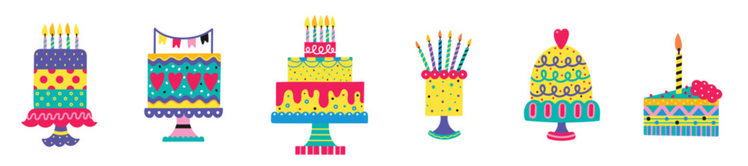 Birthday cake with candles. Set. Hаnd drawn vector illustration for card, banner, t shirt.  Cute illustration.
