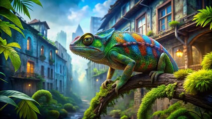 Vibrant Chameleon on Branch in Lush Rainforest - Wildlife Photography