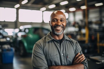 Obraz premium Smiling portrait of a middle aged African American car mechanic in workshop
