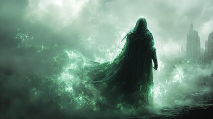 Mystical Lich Shrouded in Green Magical Aura. Generative AI