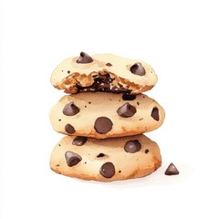Fototapeta premium Delicious watercolor chocolate chip cookies kitchen food art cozy close-up culinary delight, isolated on white background