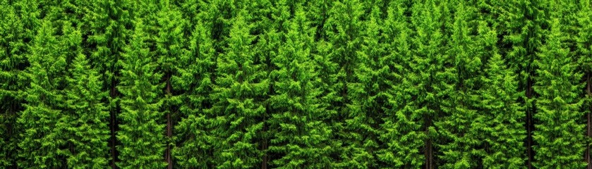 Green Lush Forest: An aerial view of a dense, vibrant evergreen forest, showcasing the rich tapestry of green foliage and the uniform height of the trees.