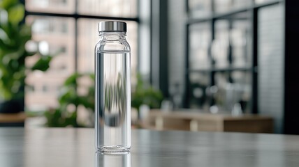 Minimalist glass water bottle on modern kitchen countertop