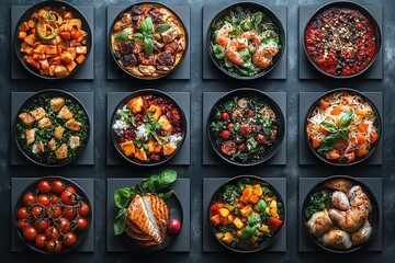 Colorful variety of gourmet dishes arranged on dark plates in an elegant presentation