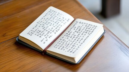 Open notebook on wooden table with text in Asian characters