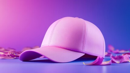Fototapeta premium Pink Cap Mockup on Lilac Background with Petals. Generative AI
