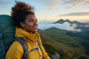 Young african female hiker enjoying mountain view at sunrise