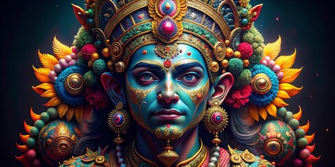 Fototapeta premium Vibrant Colorful Deity Portrait on Black, Indian Mythology, Spiritual Art