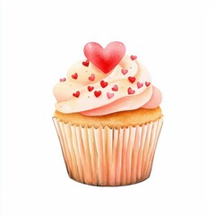 Delightful watercolor cupcake with heart toppings sweet treats colorful art whimsical setting close-up view, isolated on white background