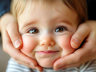 Close-up of a baby's face, with two hands gently squeezing its chubby cheeks.