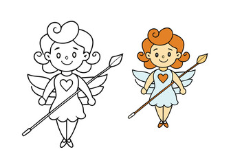 A cheerful female cupid with a playful smile holds a heart-tipped arrow, ready to spread love. Perfect for coloring, featuring wings, flowing hair, and a whimsical bow.