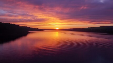 Naklejka premium Sunset reflection over serene lake nature landscape photography tranquil evening view