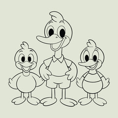 A charming coloring page featuring a happy family of ducks: a parent duck and ducklings swimming in a pond with cattails and lily pads, perfect for kids to color and enjoy!