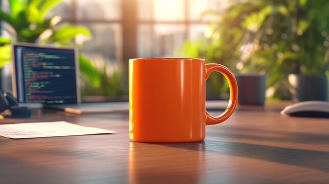 Minimalist Orange Mug on a Tech Desk. Generative AI