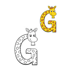 "Fun coloring page featuring the letter 'G' paired with a cute giraffe! Perfect for kids to learn letters while adding vibrant colors to this adorable design."