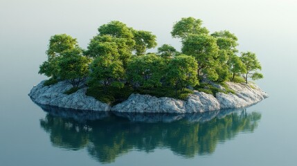 Small island with lush green trees on rocky shore reflecting in calm water.