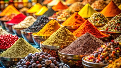 Fototapeta premium Vibrant Colorful Spice Market Stall, Aromatic Herbs and Spices, Indian Bazaar, Heap of Spices, Colorful Spices Background