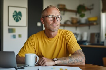 Mature caucasian male working from home with laptop and coffee